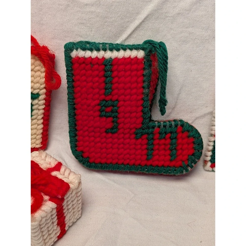 Vintage 1970s Plastic Canvas Christmas Ornaments Lot 7pc Handmade Stockings Noel